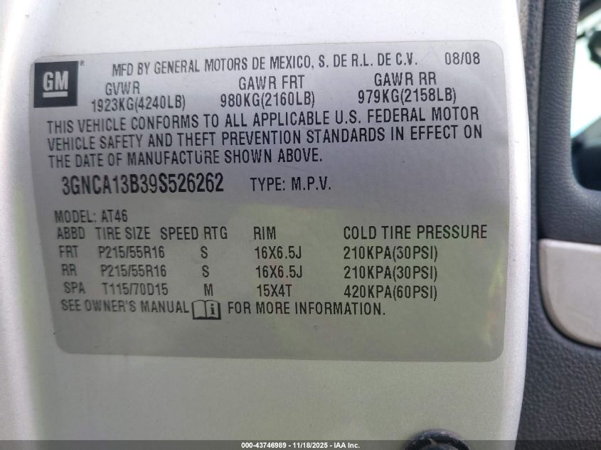 2009 Chevrolet Hhr Ls VIN: 3GNCA13B39S526262 Lot: 43746989
