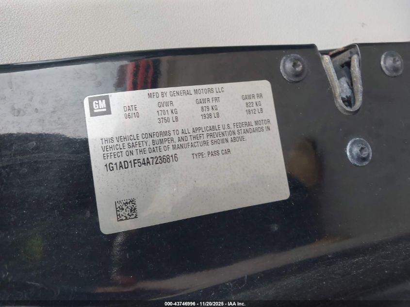 2010 Chevrolet Cobalt Lt VIN: 1G1AD1F54A7236816 Lot: 43746996