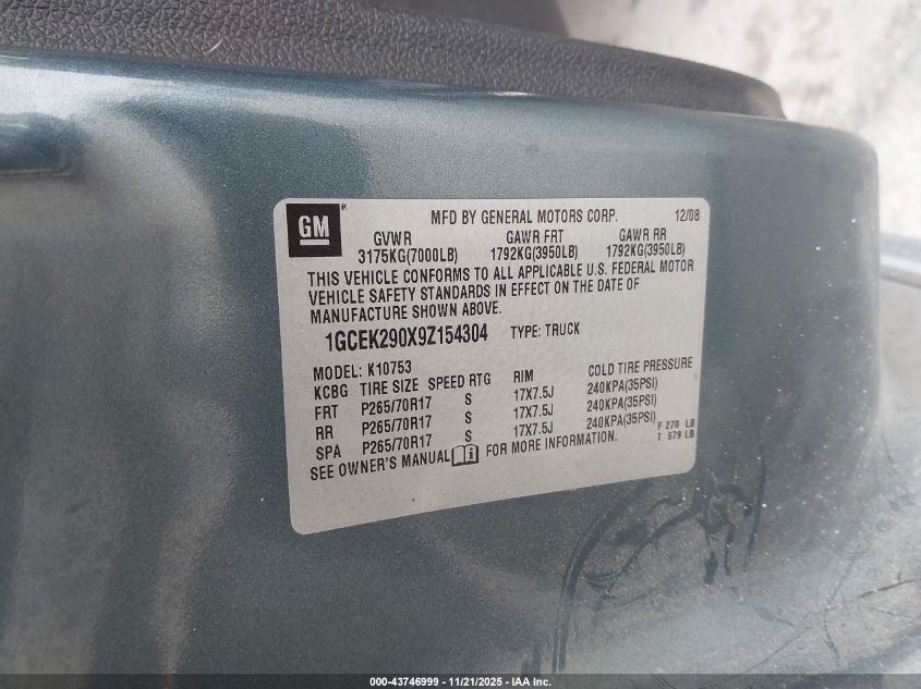 2009 Chevrolet Silverado 1500 Lt VIN: 1GCEK290X9Z154304 Lot: 43746999