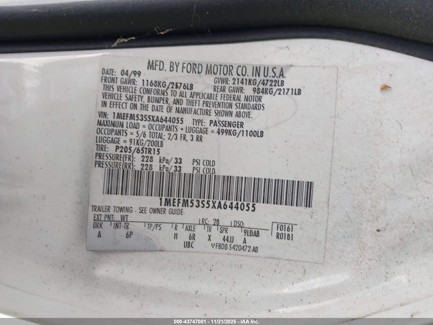1999 Mercury Sable Ls VIN: 1MEFM53S5XA644055 Lot: 43747001
