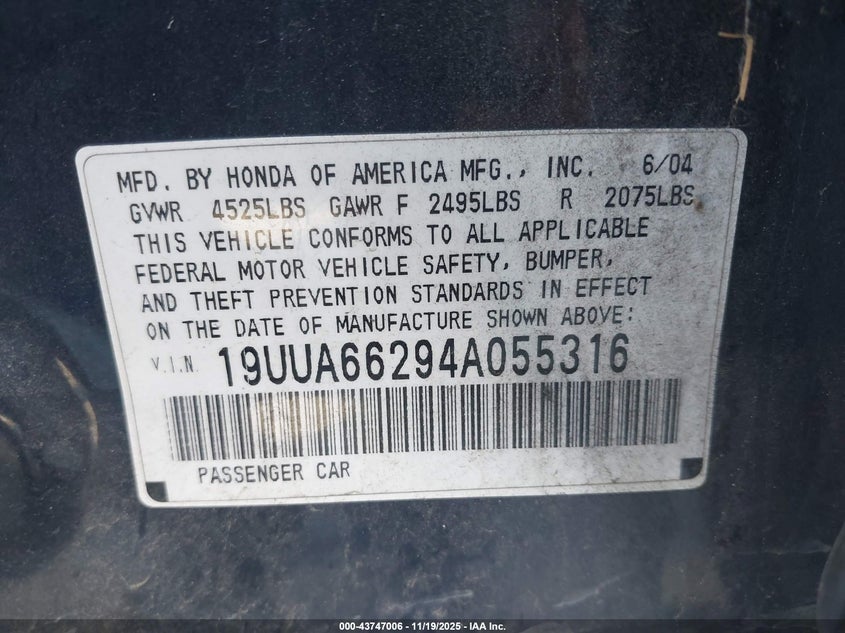 2004 Acura Tl VIN: 19UUA66294A055316 Lot: 43747006