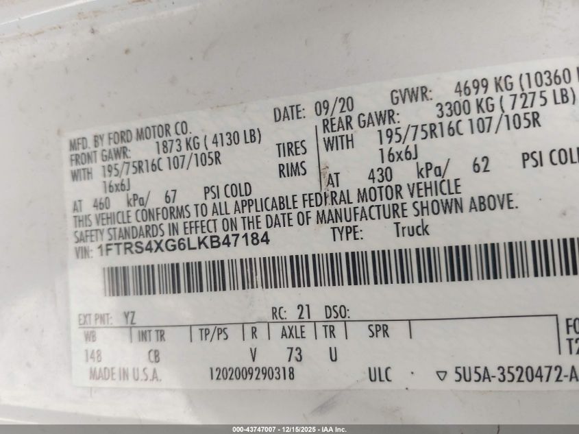 2020 Ford Transit-350 Cargo Van VIN: 1FTRS4XG8LKB47154 Lot: 43747007