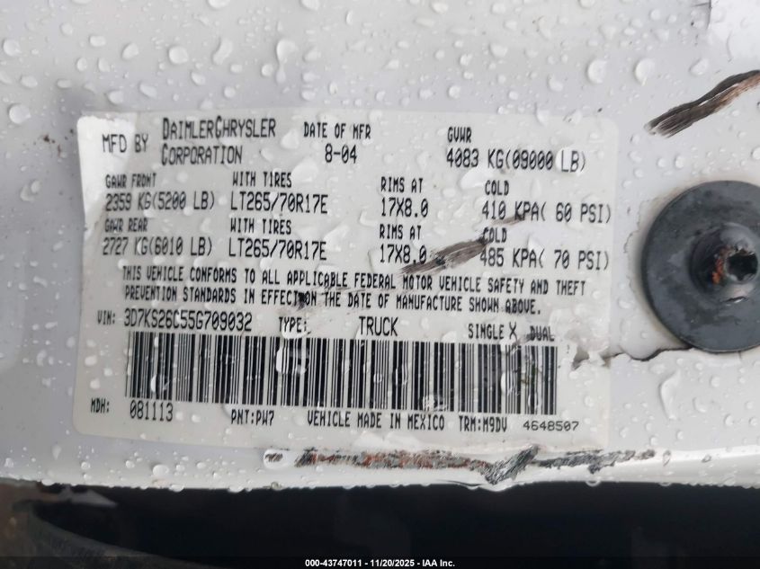 2005 Dodge Ram 2500 Slt/Laramie VIN: 3D7KS26C55G709032 Lot: 43747011