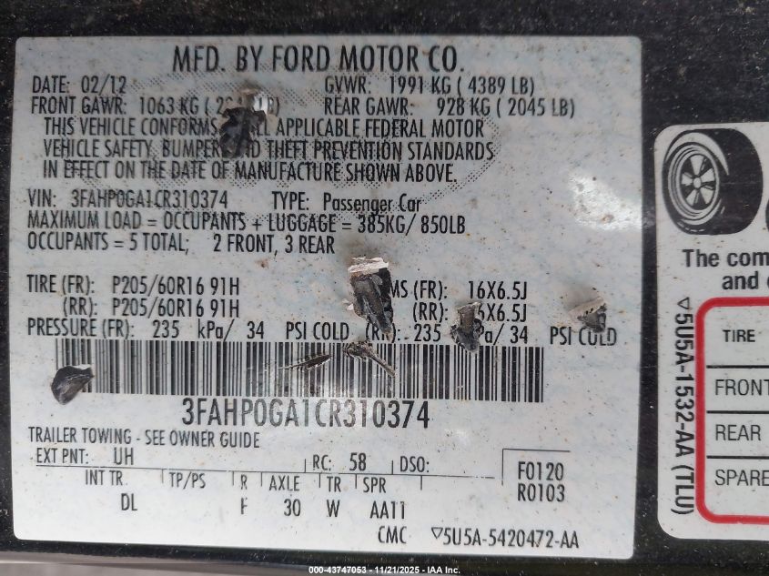 2012 Ford Fusion S VIN: 3FAHP0GA1CR310374 Lot: 43747053