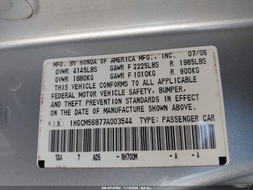 2007 Honda Accord 2.4 Ex VIN: 1HGCM56877A003544 Lot: 43747064