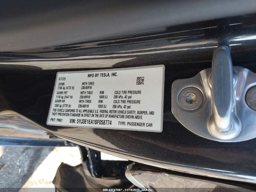 2025 Tesla Model 3 Long Range Rear-Wheel Drive/Standard VIN: 5YJ3E1EA1SF058774 Lot: 43747067