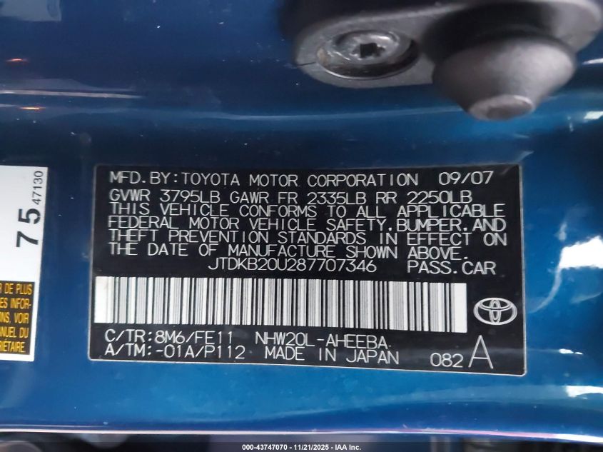 2008 Toyota Prius VIN: JTDKB20U287707346 Lot: 43747070