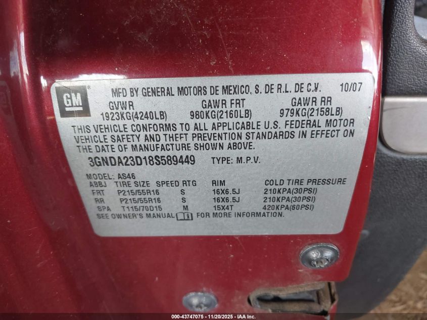 2008 Chevrolet Hhr Lt VIN: 3GNDA23D18S589449 Lot: 43747075