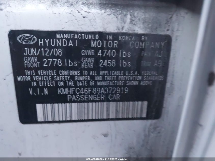 2009 Hyundai Azera Limited VIN: KMHFC46F89A372919 Lot: 43747076