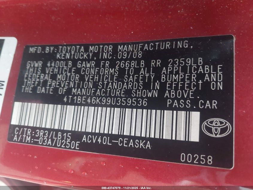 2009 Toyota Camry Se VIN: 4T1BE46K99U359536 Lot: 43747079