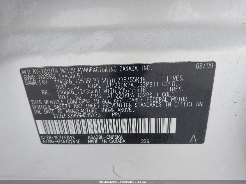 2009 Toyota Rav4 Sport VIN: 2T3ZF32V69W015773 Lot: 43747092