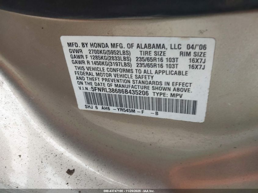 2006 Honda Odyssey Ex-L VIN: 5FNRL38686B435206 Lot: 43747100