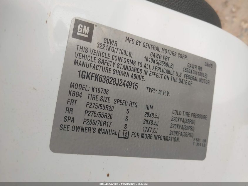 2008 GMC Yukon Denali VIN: 1GKFK63828J244915 Lot: 43747103