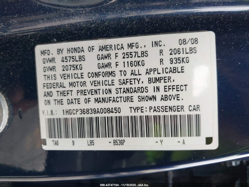 2009 Honda Accord 3.5 Ex-L VIN: 1HGCP36839A008450 Lot: 43747104