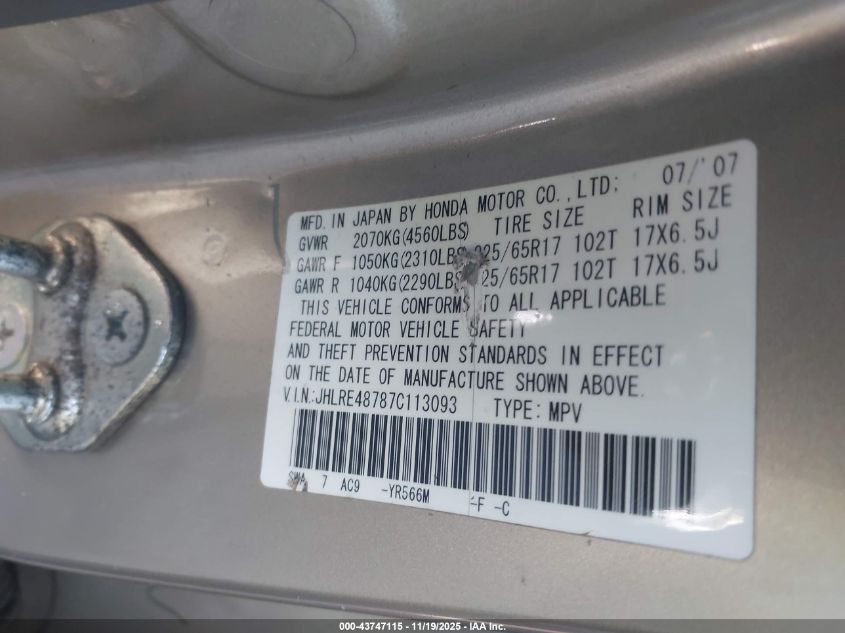 2007 Honda Cr-V Ex-L VIN: JHLRE48787C113093 Lot: 43747115