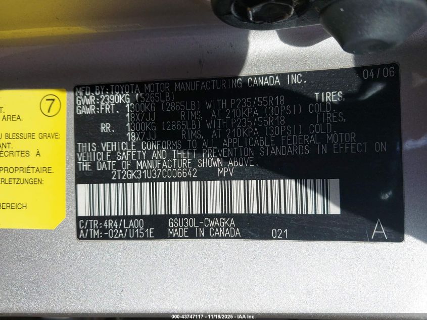 2007 Lexus Rx 350 VIN: 2T2GK31U37C006642 Lot: 43747117