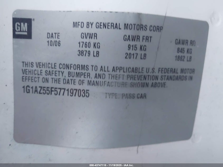 2007 Chevrolet Cobalt Ltz VIN: 1G1AZ55F577197035 Lot: 43747118