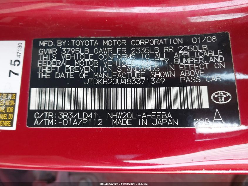2008 Toyota Prius VIN: JTDKB20U483371349 Lot: 43747123