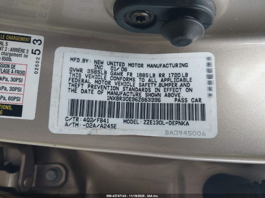 2006 Toyota Corolla Le VIN: 1NXBR30E96Z663396 Lot: 43747143