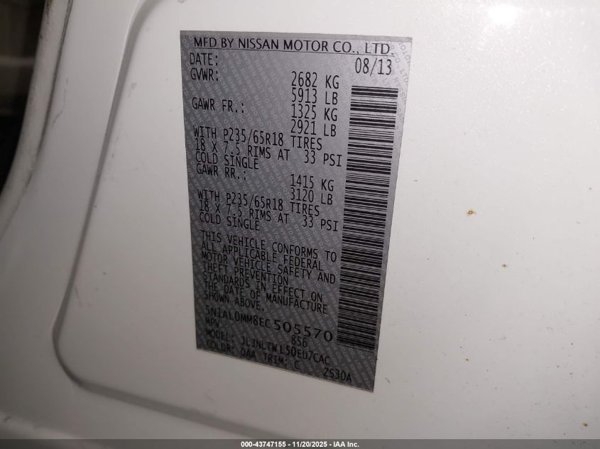 2014 Infiniti Qx60 VIN: 5N1AL0MM8EC505570 Lot: 43747155