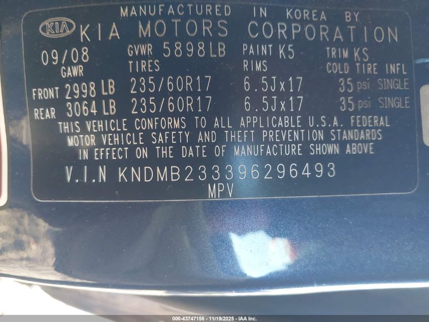 2009 Kia Sedona Ex VIN: KNDMB233396296493 Lot: 43747156