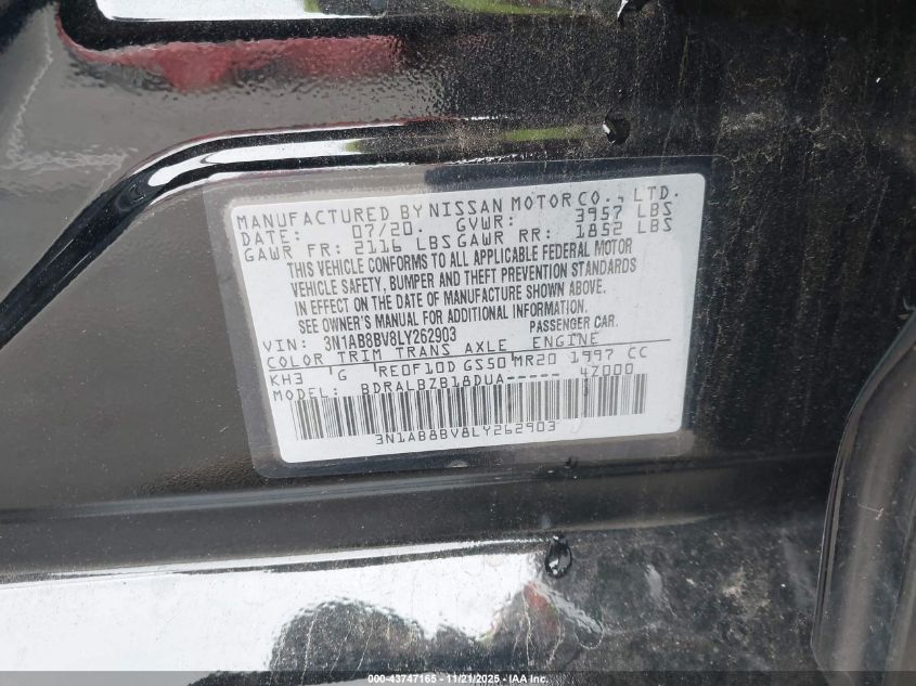 2020 Nissan Sentra S Xtronic Cvt VIN: 3N1AB8BV8LY262903 Lot: 43747165