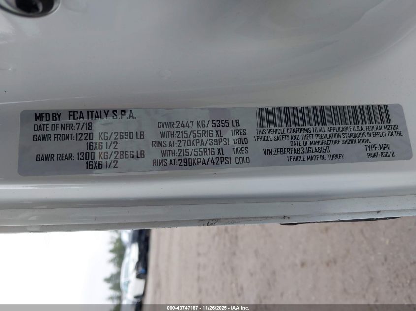 2018 Ram Promaster City Wagon VIN: ZFBERFAB3J6L48150 Lot: 43747167