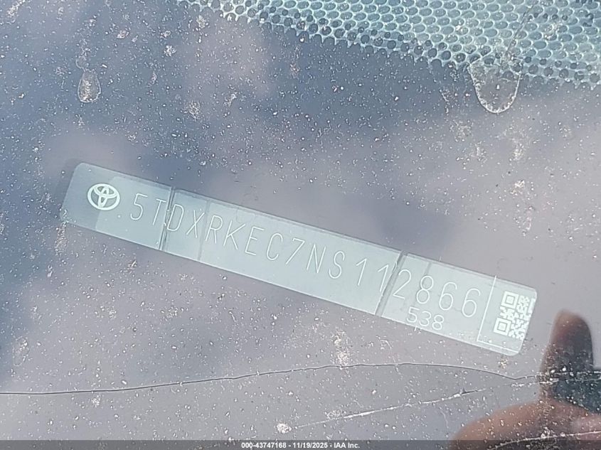 2022 Toyota Sienna Xse VIN: 5TDXRKEC7NS112866 Lot: 43747168