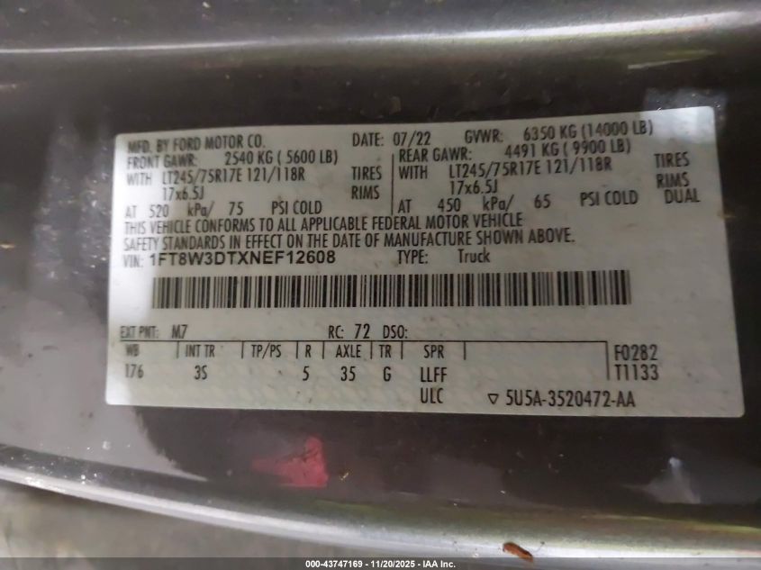 2022 Ford F-350 Xlt VIN: 1FT8W3DTXNEF12608 Lot: 43747169