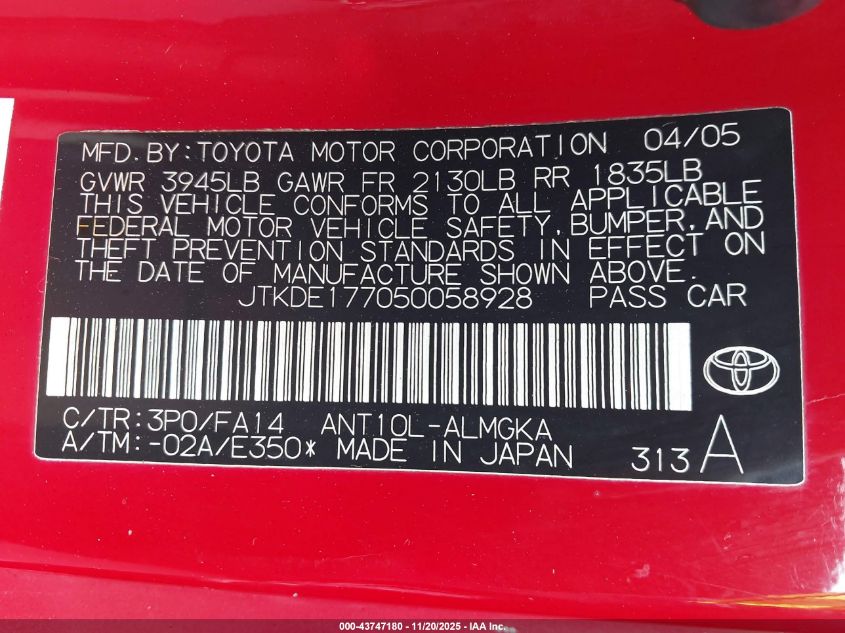 2005 Scion Tc VIN: JTKDE177050058928 Lot: 43747180