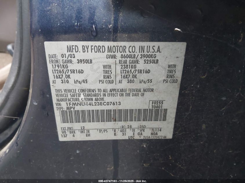 2003 Ford Excursion Eddie Bauer VIN: 1FMNU44L23EC07613 Lot: 43747183