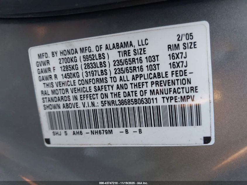 2005 Honda Odyssey Ex-L VIN: 5FNRL38685B063011 Lot: 43747218