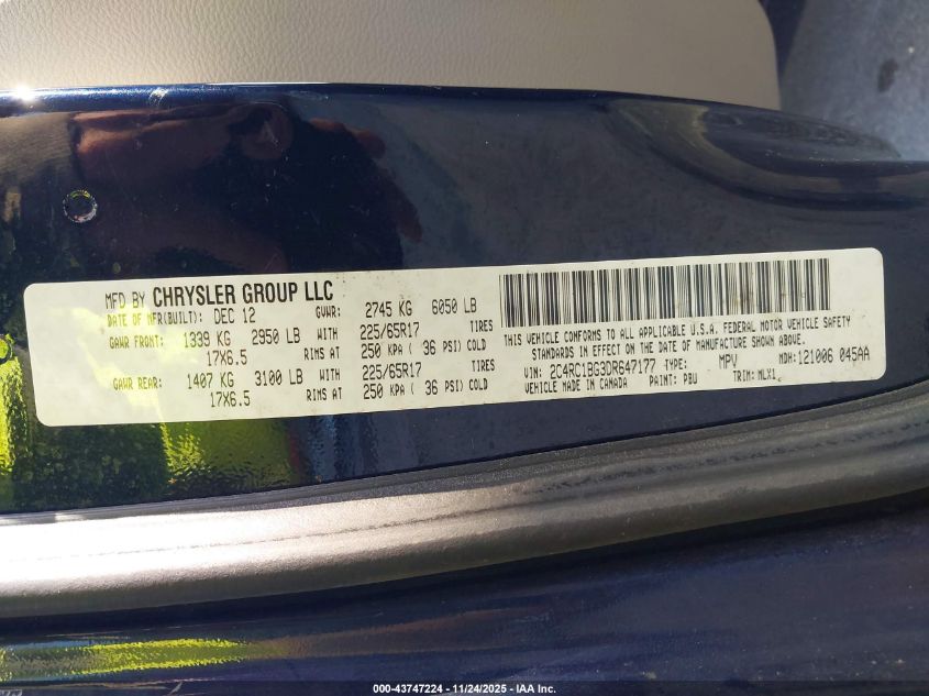 2013 Chrysler Town & Country Touring VIN: 2C4RC1BG3DR647177 Lot: 43747224