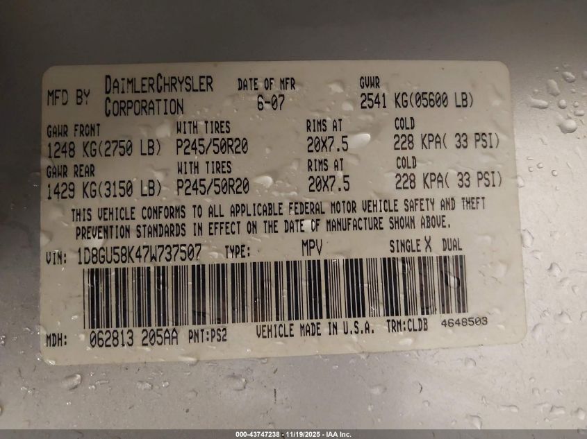 2007 Dodge Nitro Slt/Rt VIN: 1D8GU58K47W737507 Lot: 43747238