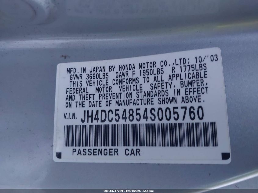 2004 Acura Rsx VIN: JH4DC54854S005760 Lot: 43747239