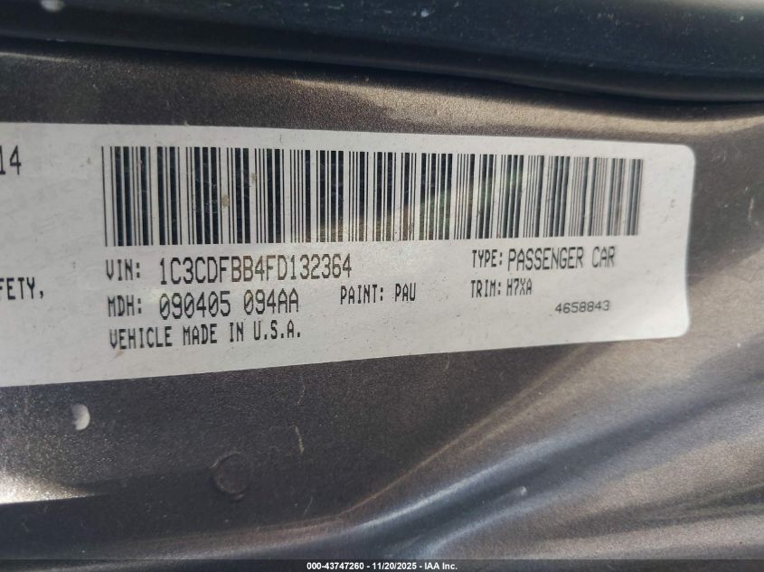 2015 Dodge Dart Sxt VIN: 1C3CDFBB4FD132364 Lot: 43747260