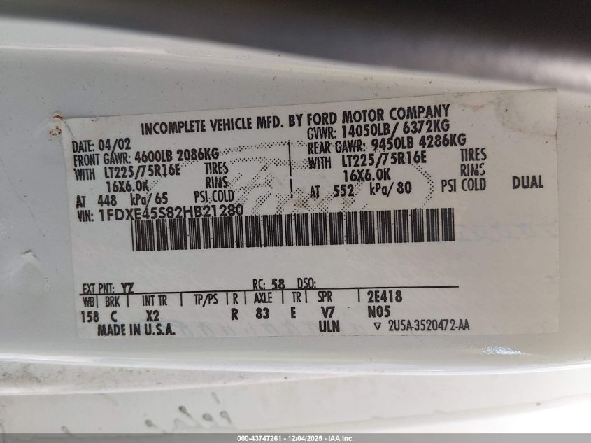 2002 Ford E-450 Cutaway Standard VIN: 1FDXE45S82HB21280 Lot: 43747261