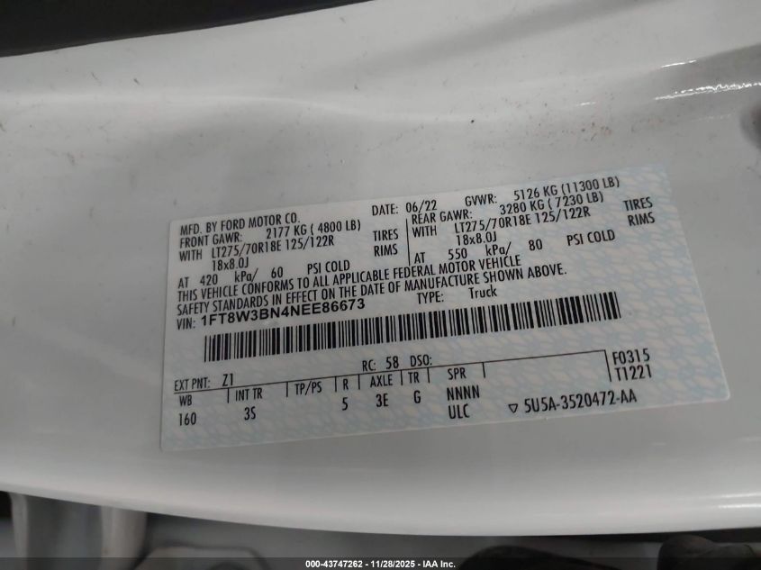 2022 Ford F-350 Xlt VIN: 1FT8W3BN4NEE86673 Lot: 43747262