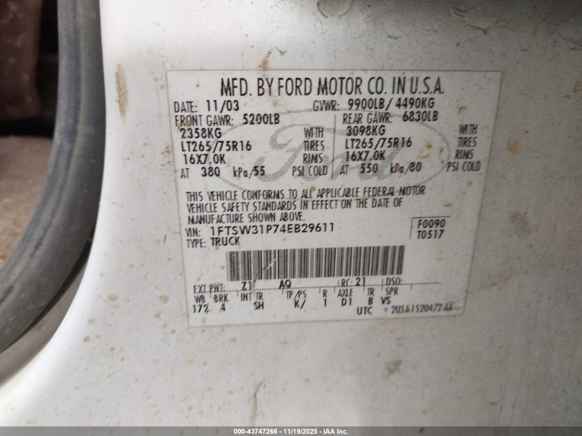 2004 Ford F-350 Lariat/Xl/Xlt VIN: 1FTSW31P74EB29611 Lot: 43747266