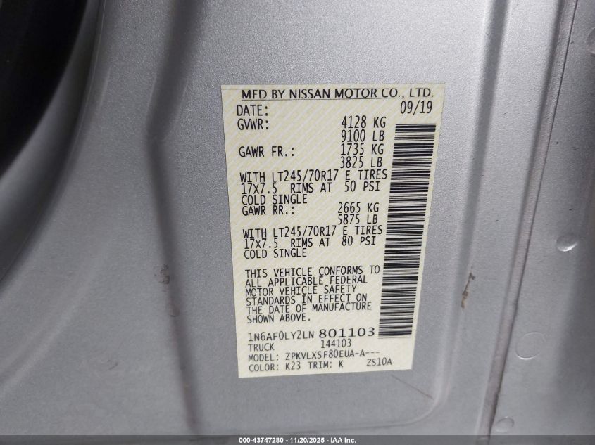 2020 Nissan Nv Cargo Nv2500 Hd Sv High Roof V8 VIN: 1N6AF0LY2LN801103 Lot: 43747280