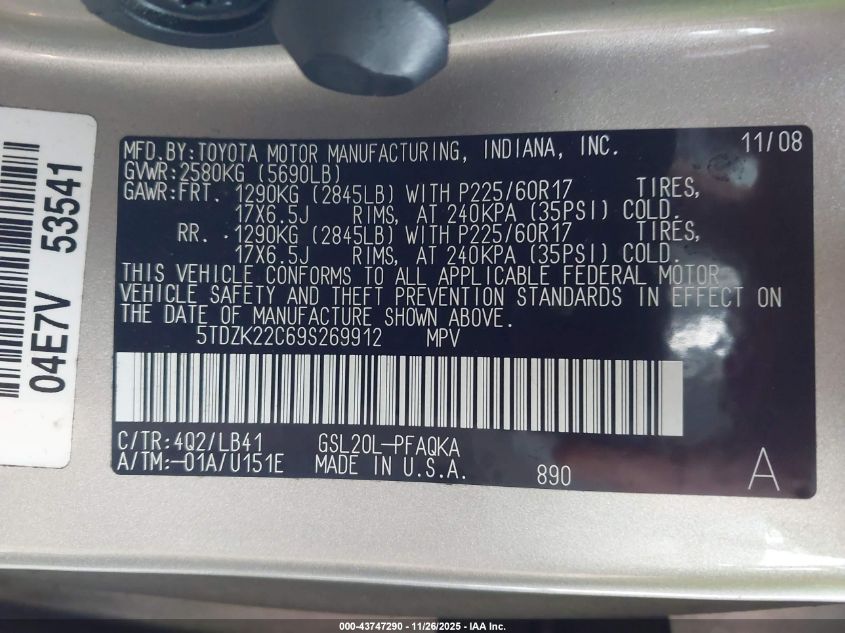 2009 Toyota Sienna Xle VIN: 5TDZK22C69S269912 Lot: 43747290