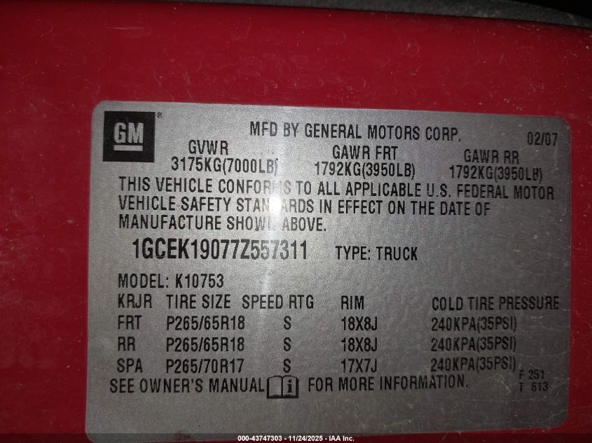 2007 Chevrolet Silverado 1500 Lt1 VIN: 1GCEK19077Z557311 Lot: 43747303