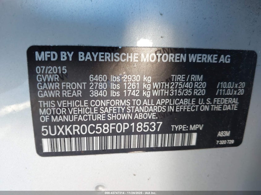 2015 BMW X5 xDrive35I VIN: 5UXKR0C58F0P18537 Lot: 43747314
