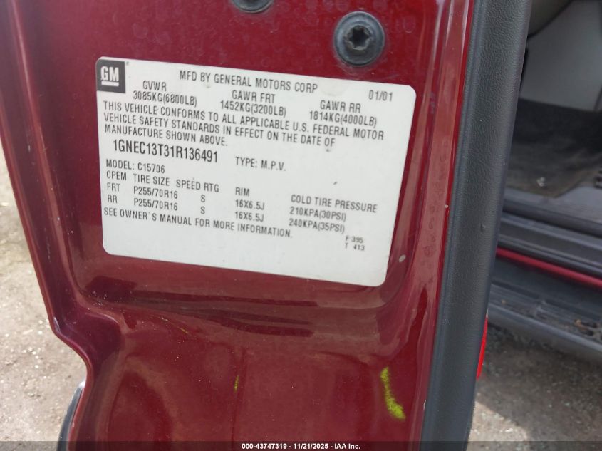 2001 Chevrolet Tahoe Lt VIN: 1GNEC13T31R136491 Lot: 43747319