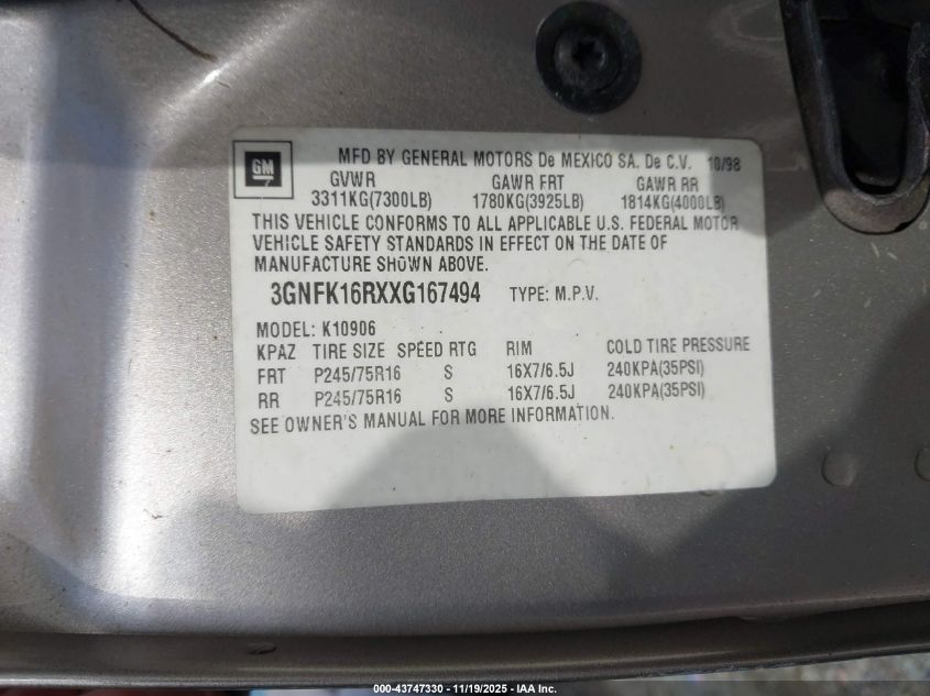 1999 Chevrolet Suburban 1500 Lt VIN: 3GNFK16RXXG167494 Lot: 43747330