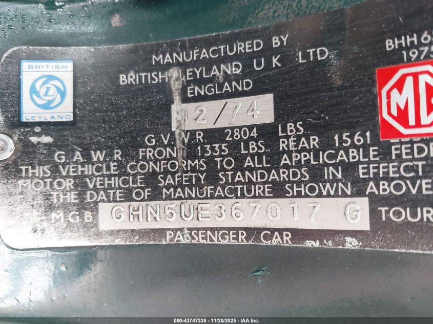 1974 Mg Mgb VIN: GHN5UE367017G Lot: 43747338