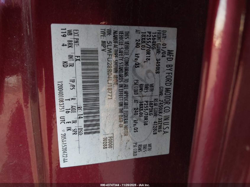 2004 Lincoln Navigator VIN: 5LMFU28R04LJ18771 Lot: 43747344