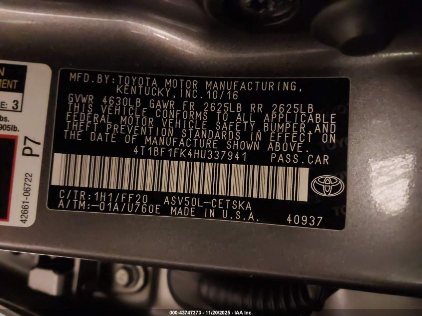 2017 Toyota Camry Se VIN: 4T1BF1FK4HU337941 Lot: 43747373