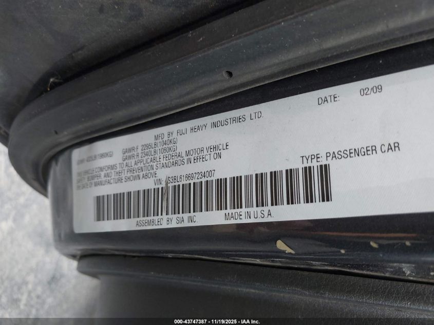2009 Subaru Legacy 2.5I VIN: 4S3BL616697234007 Lot: 43747387