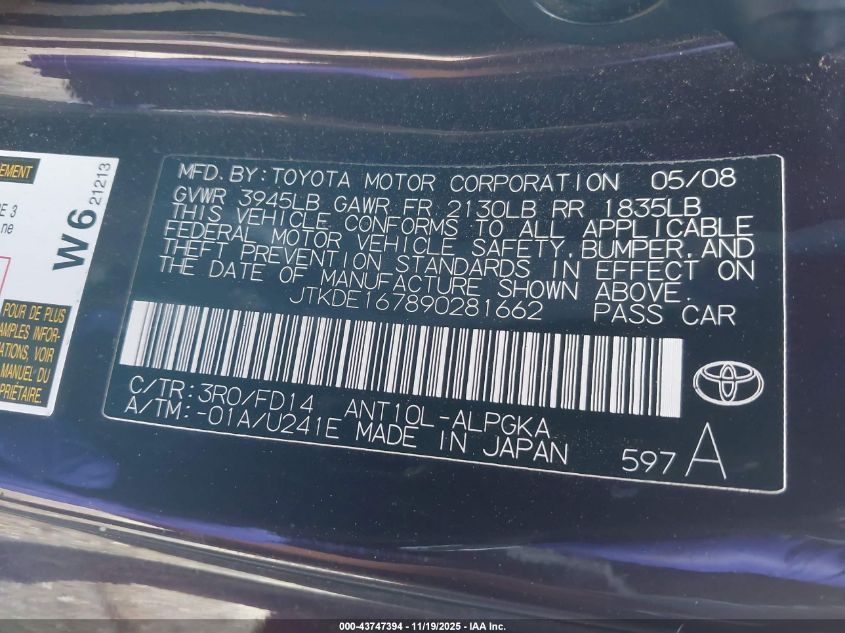 2009 Scion Tc VIN: JTKDE167890281662 Lot: 43747394